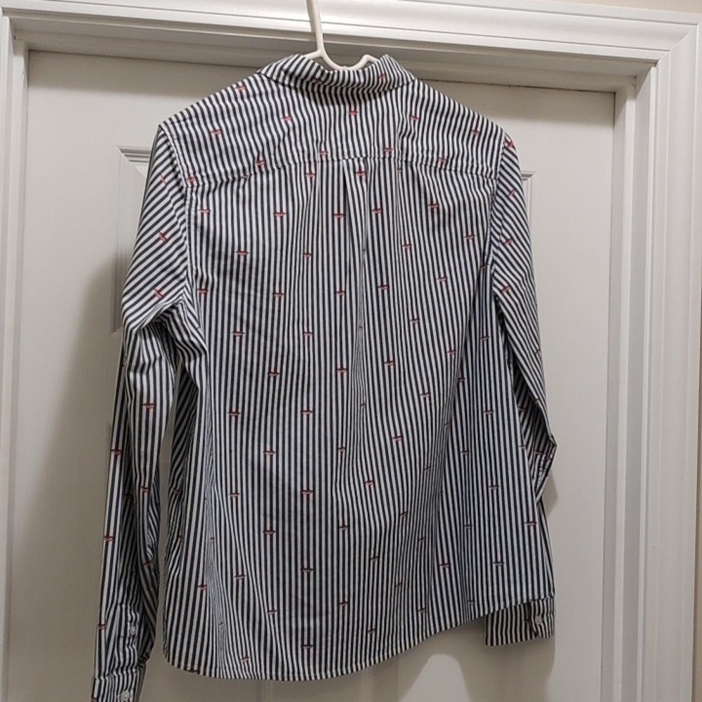 Banana Republic Navy and White Striped Dress Shirt with Red Lip Pattern - Picture 2 of 5